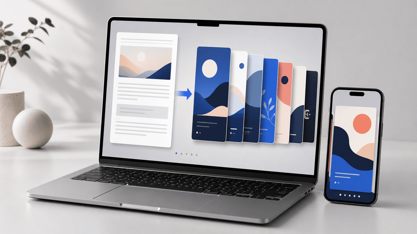 A premium laptop and smartphone mockup showing a blog post transforming into vertical slideshow cards.