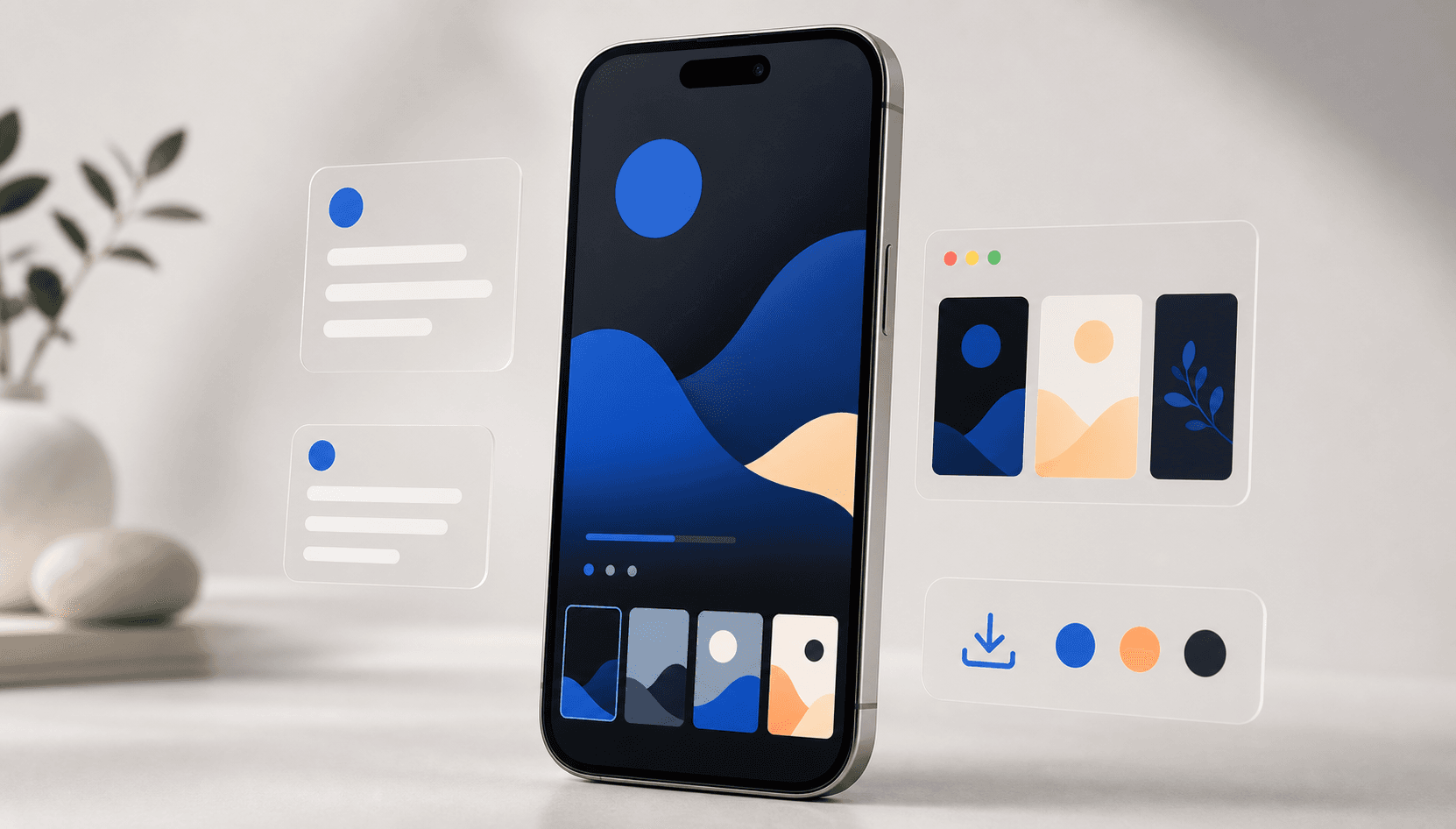 A premium smartphone product image showing abstract slideshow editor controls.